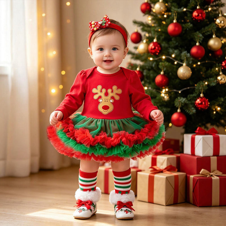 Baby Christmas Romper Dress with Red Tulle 4-Piece Set