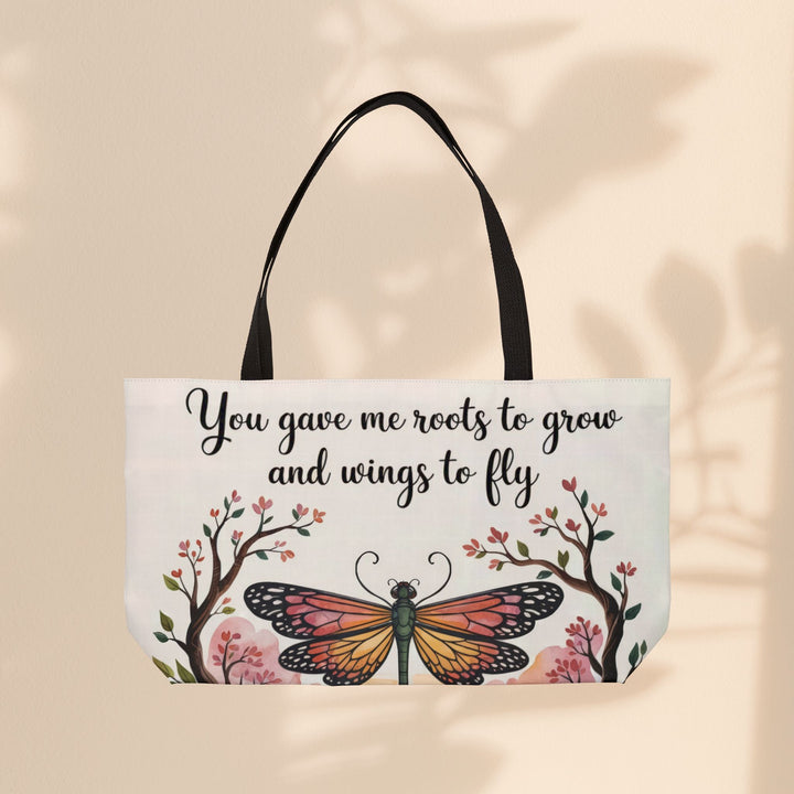 Inspiring Weekender Tote Bag - 'Roots to Grow & Wings to Fly' | Perfect Gift for Moms