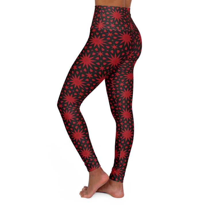 High Waisted Yoga Leggings - Red Spiral Stars