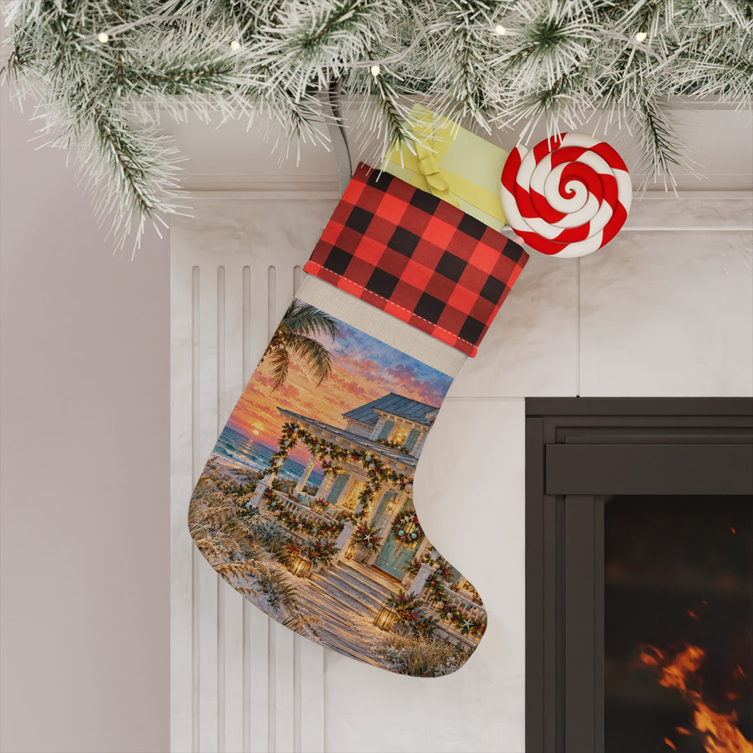 Coastal Christmas Stocking with Red Buffalo Plaid Cuff
