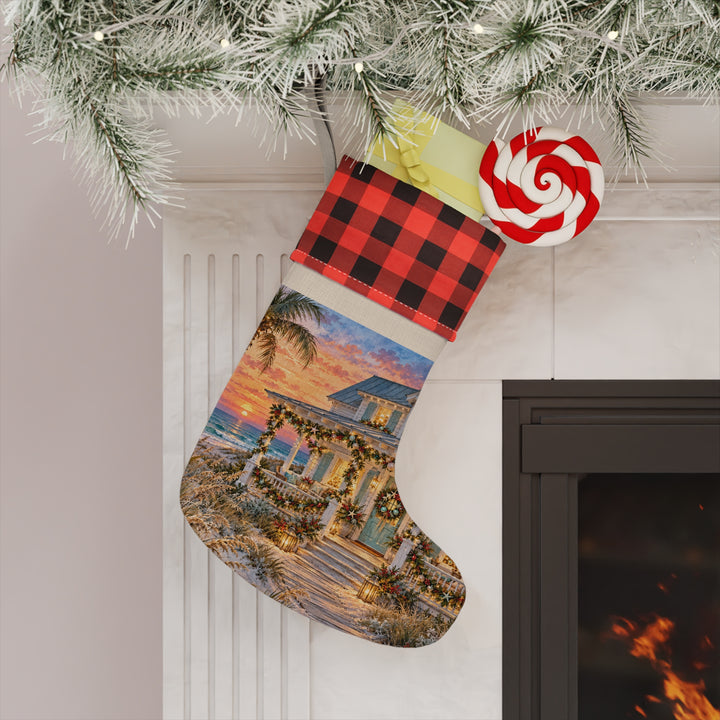 Coastal Christmas Stocking with Red Buffalo Plaid Cuff
