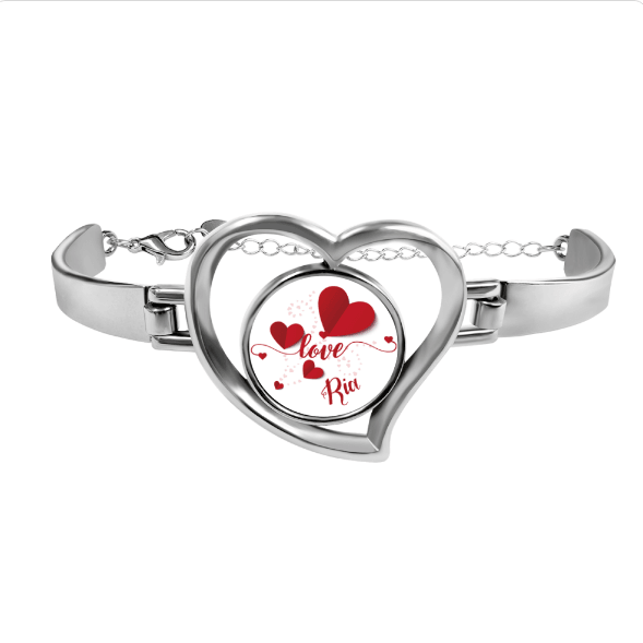 Personalized Name Heart Bangle Bracelet in Silver