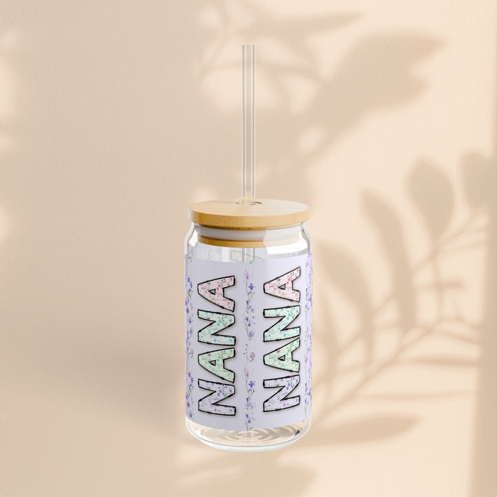Personalized Nana Sipper Glass - 16oz Floral Design with Straw