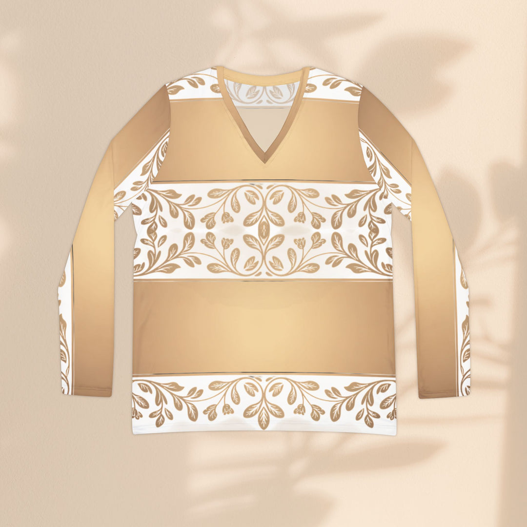 V-Neck Long Sleeve — Gold Floral Baroque Pattern