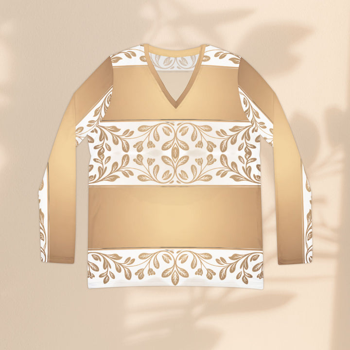 V-Neck Long Sleeve — Gold Floral Baroque Pattern