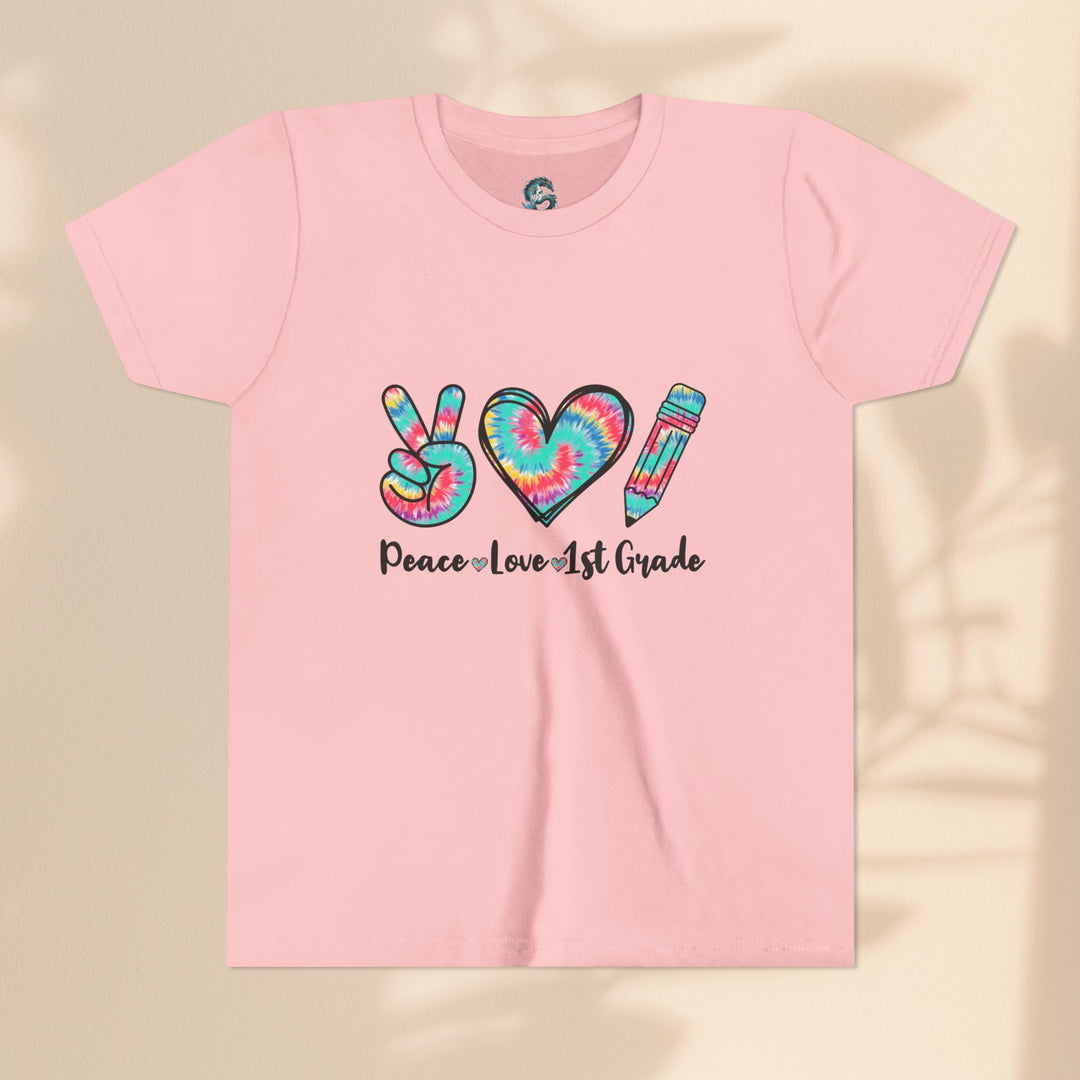Peace Love 1st Grade Youth Tee, Tie-Dye Kids Shirt, Back to School Outfit, Child's Birthday Gift, Teacher Appreciation Gift
