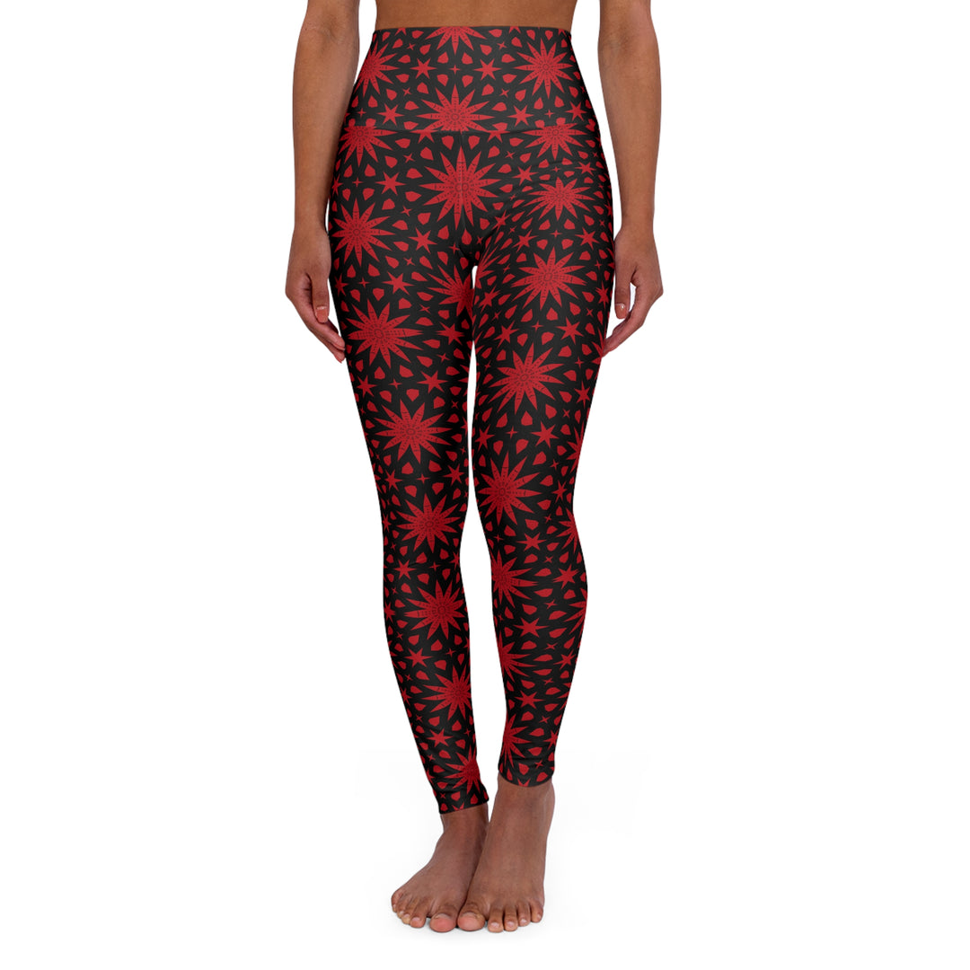 High Waisted Yoga Leggings - Red Spiral Stars