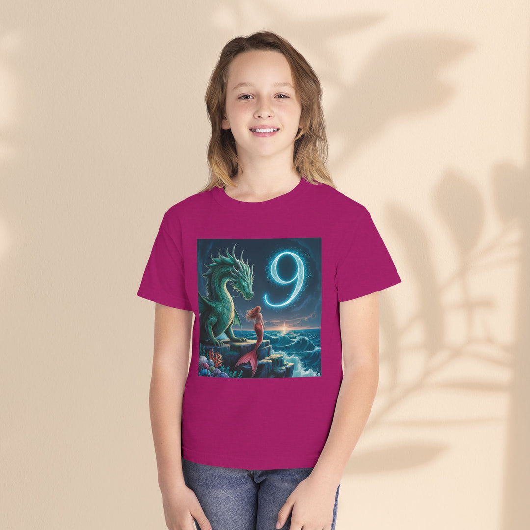 Age 9 Youth Midweight Tee featuring Magical Dragon and Number 9, Kids T-Shirt, Fantasy Apparel, Gift for Young Dreamers, Birthday Celebration Tee