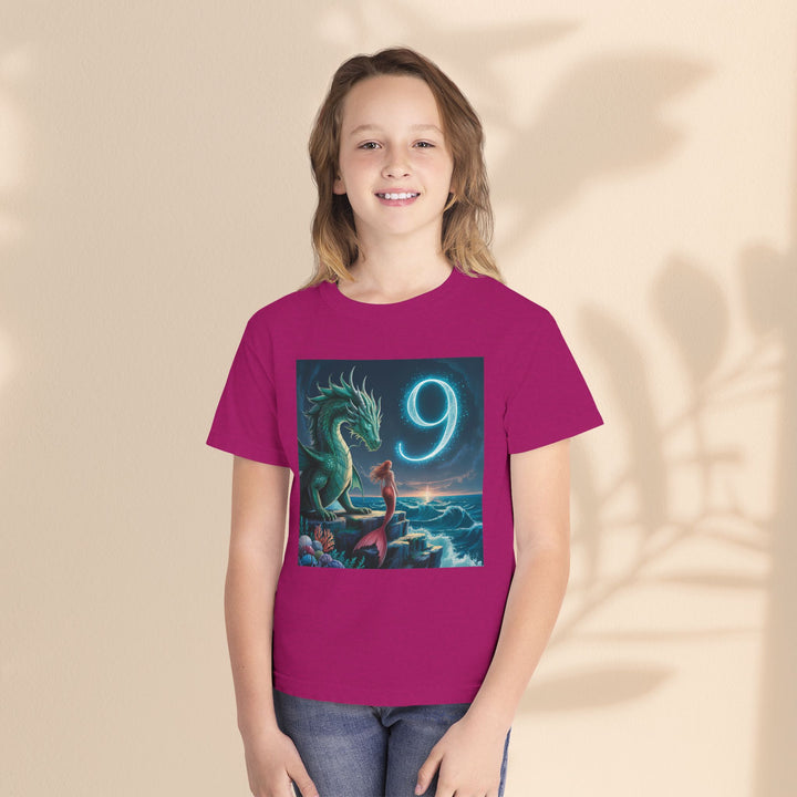 Age 9 Youth Midweight Tee featuring Magical Dragon and Number 9, Kids T-Shirt, Fantasy Apparel, Gift for Young Dreamers, Birthday Celebration Tee