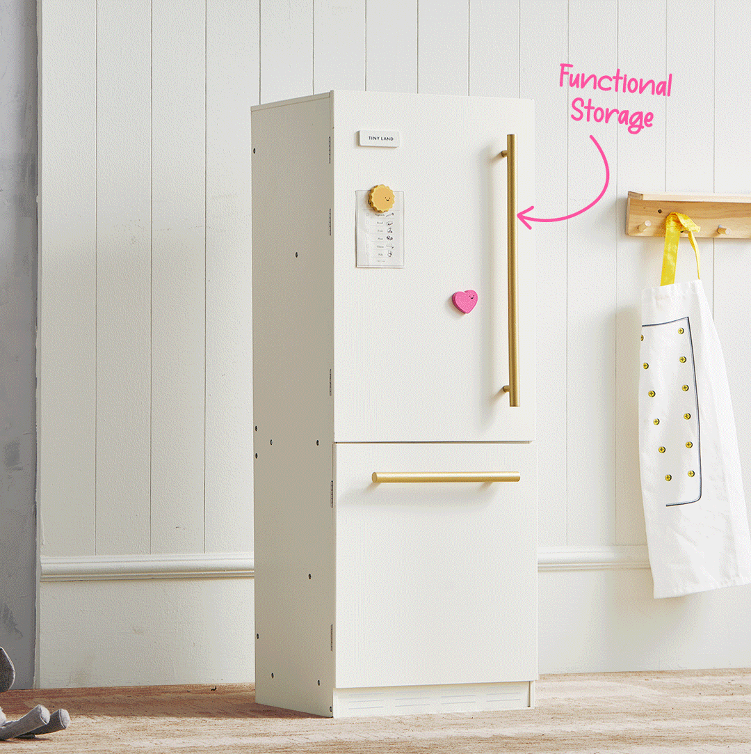 Tiny Land® Play Kitchen Accessories – Play Kitchen Fridge: Wooden Cabinet Refrigerator for Kids