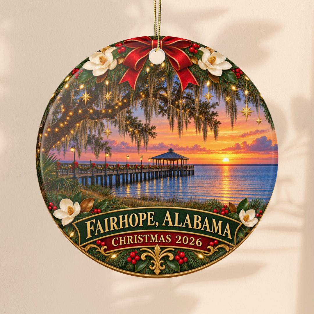 Fairhope Alabama Christmas 2026 Sunset Pier Ceramic Ornament