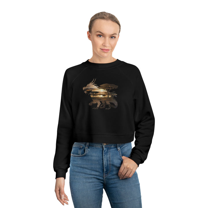 Double Exposure Dragon Sunset Women's Cropped Fleece Pullover - Stylish & Cozy Casual Wear