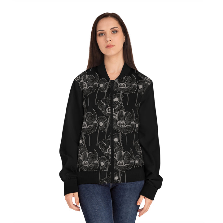 Women's Bomber Jacket - Black and White Flowers