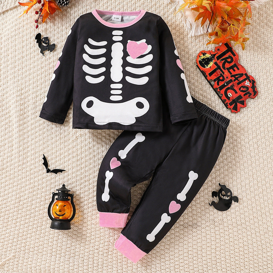 Girls’ Cartoon Skeleton Halloween Outfit Set