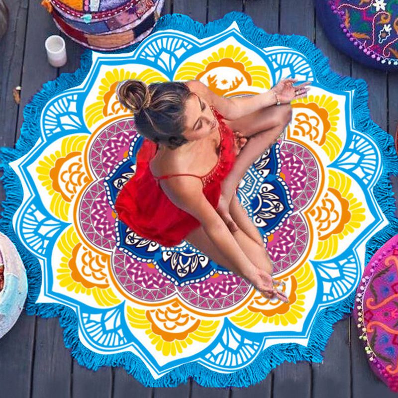 Geometric Polygon-Print Round Towel with Tassels