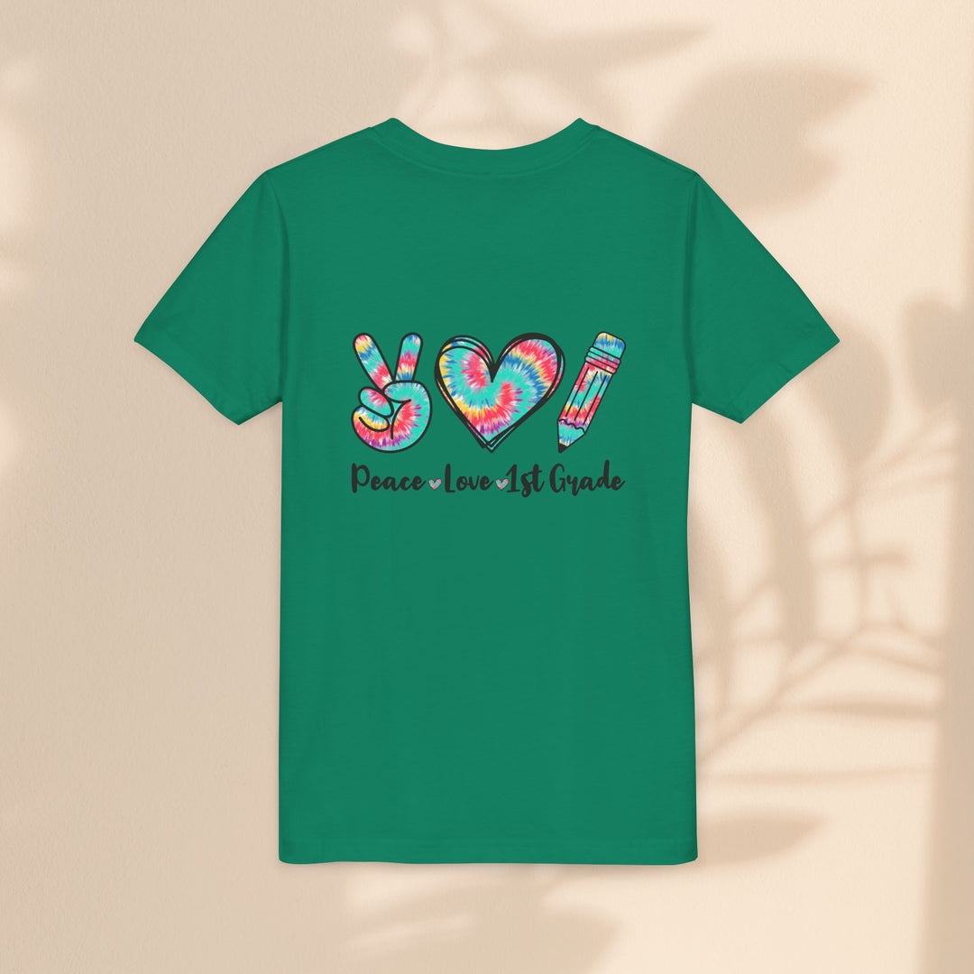 Peace Love 1st Grade Youth Tee, Tie-Dye Kids Shirt, Back to School Outfit, Child's Birthday Gift, Teacher Appreciation Gift