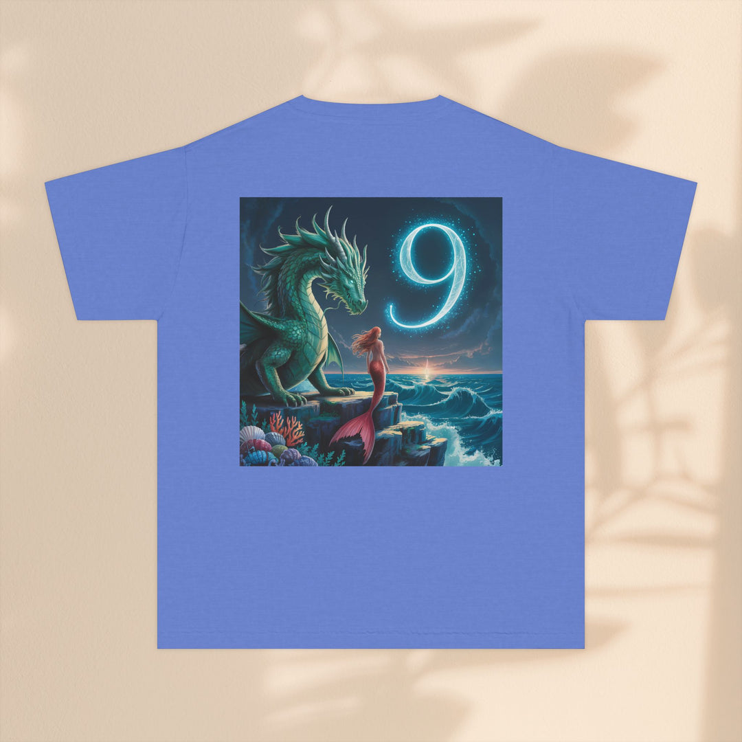 Age 9 Youth Midweight Tee featuring Magical Dragon and Number 9, Kids T-Shirt, Fantasy Apparel, Gift for Young Dreamers, Birthday Celebration Tee