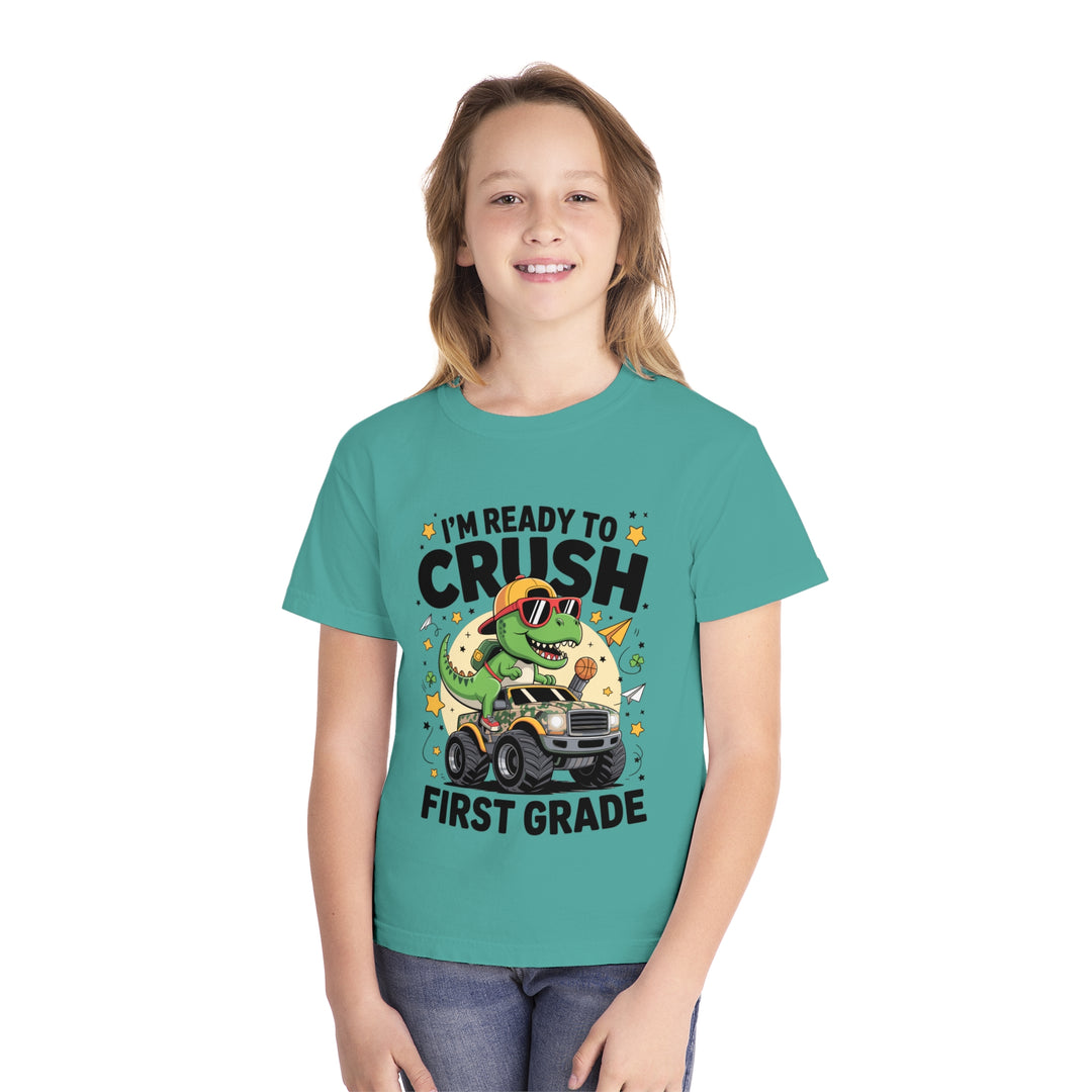 Youth Midweight Tee, Fun Dino T-Shirt, First Grade Shirt, Kids Birthday Gift, Back to School Apparel, Cute Graphic Tee, Dinosaur Print
