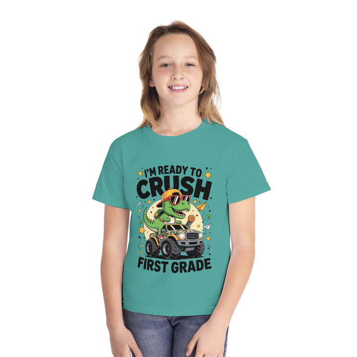 Youth Midweight Tee, Fun Dino T-Shirt, First Grade Shirt, Kids Birthday Gift, Back to School Apparel, Cute Graphic Tee, Dinosaur Print