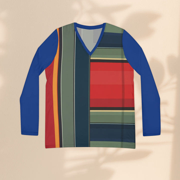 Striped Colorblock V-Neck Long Sleeve Shirt — Women's Stylish Casual Top