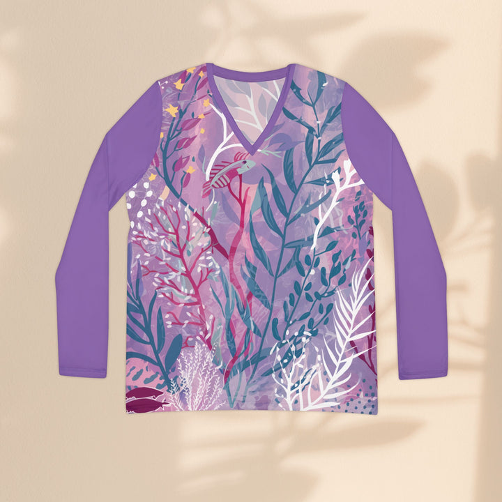 Floral V‑Neck Long Sleeve — Purple Botanical All‑Over Print Top