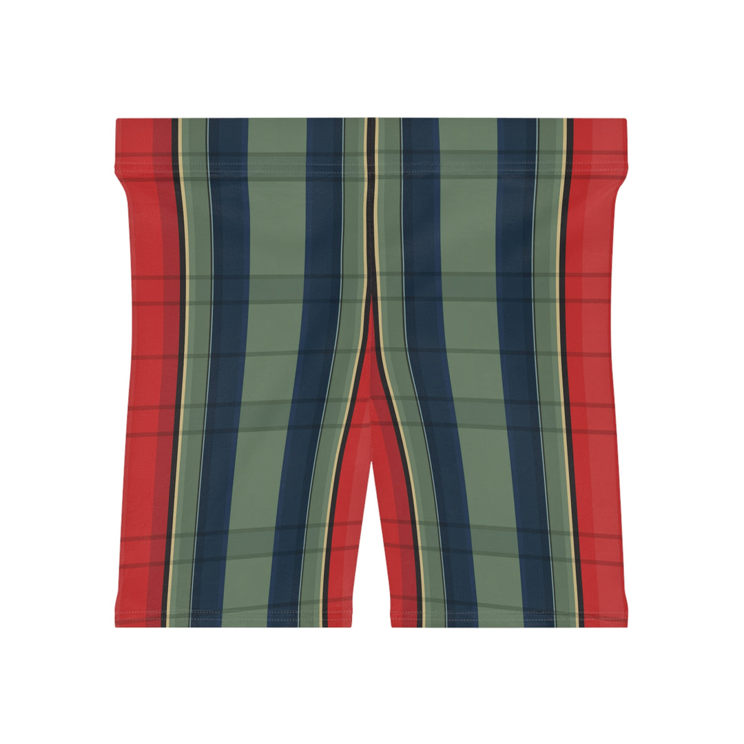 Retro Green & Red Plaid Stripe Biker Shorts — Plaid Stripe AOP