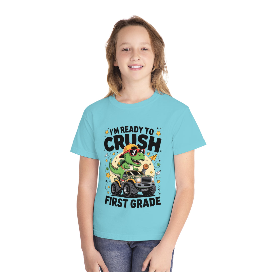 Youth Midweight Tee, Fun Dino T-Shirt, First Grade Shirt, Kids Birthday Gift, Back to School Apparel, Cute Graphic Tee, Dinosaur Print