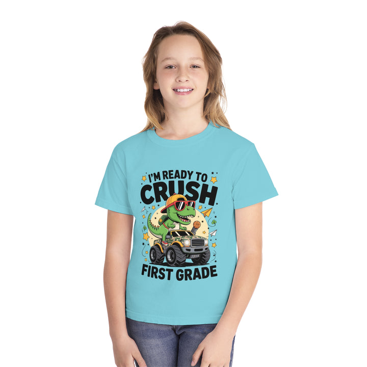 Youth Midweight Tee, Fun Dino T-Shirt, First Grade Shirt, Kids Birthday Gift, Back to School Apparel, Cute Graphic Tee, Dinosaur Print
