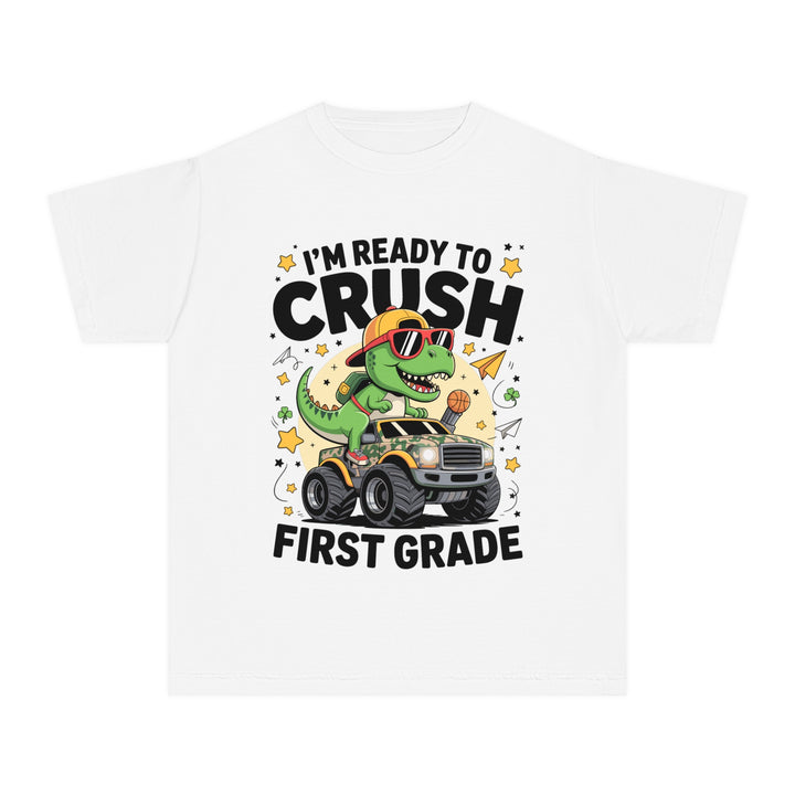 Youth Midweight Tee, Fun Dino T-Shirt, First Grade Shirt, Kids Birthday Gift, Back to School Apparel, Cute Graphic Tee, Dinosaur Print