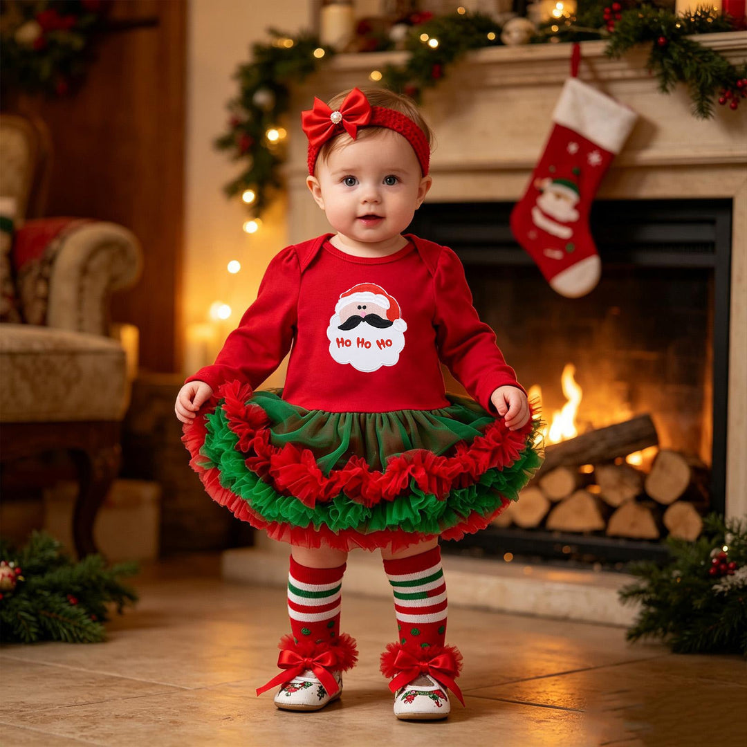 Baby Christmas Romper Dress with Red Tulle 4-Piece Set