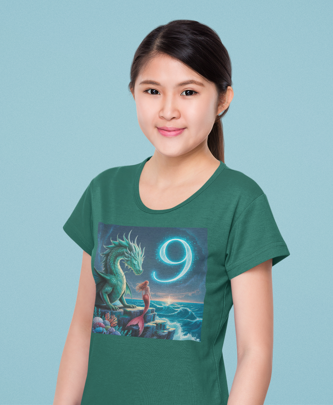 Age 9 Youth Midweight Tee featuring Magical Dragon and Number 9, Kids T-Shirt, Fantasy Apparel, Gift for Young Dreamers, Birthday Celebration Tee