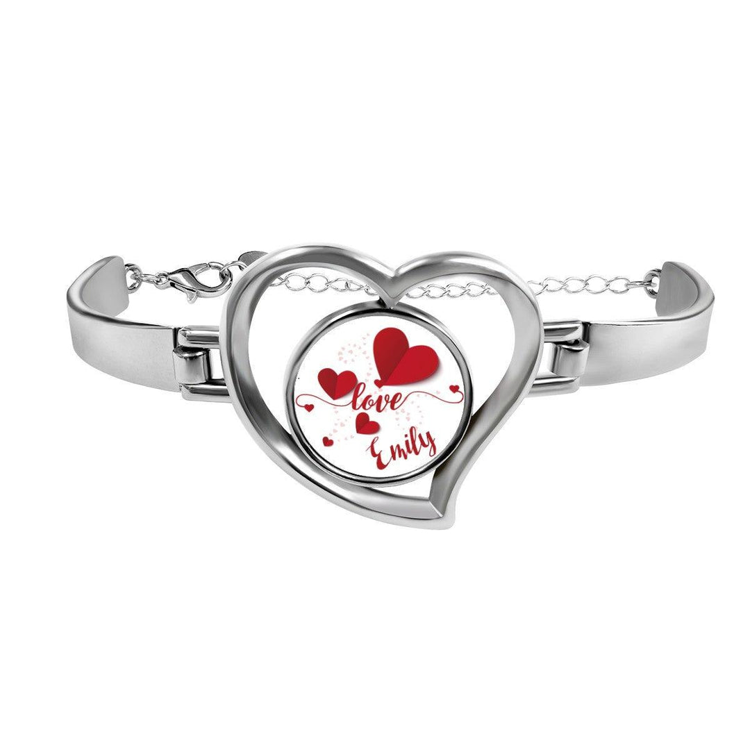 Personalized Name Heart Bangle Bracelet in Silver