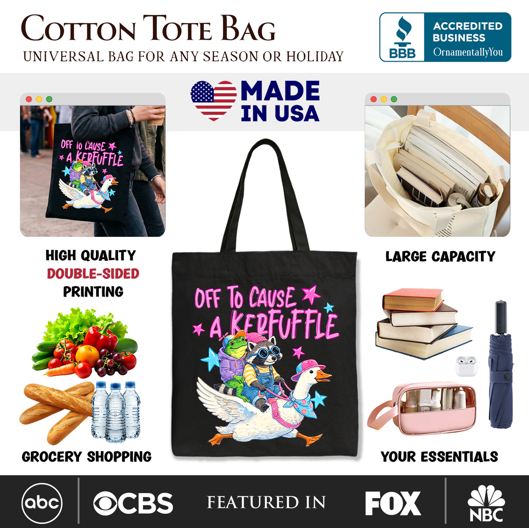 Off to Cause a Kerfuffle Tote Bag – Funny Frog, Raccoon & Goose Shopper