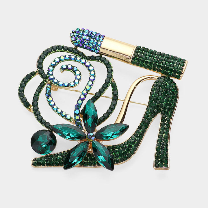 Rhinestone Pave High Heel Flower Lipstick Brooch