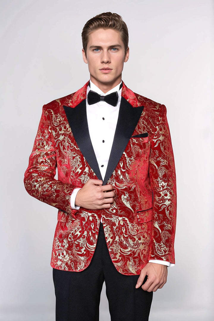 Men’s Red and Gold Patterned Stage Tuxedo Blazer | Wessi