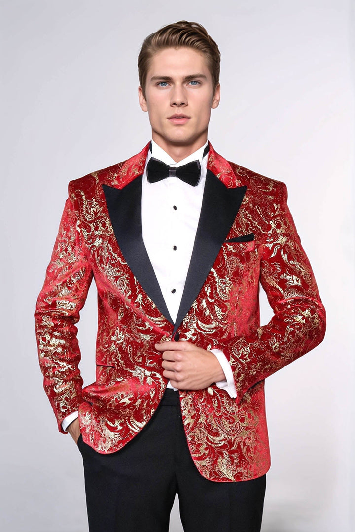 Men’s Red and Gold Patterned Stage Tuxedo Blazer | Wessi