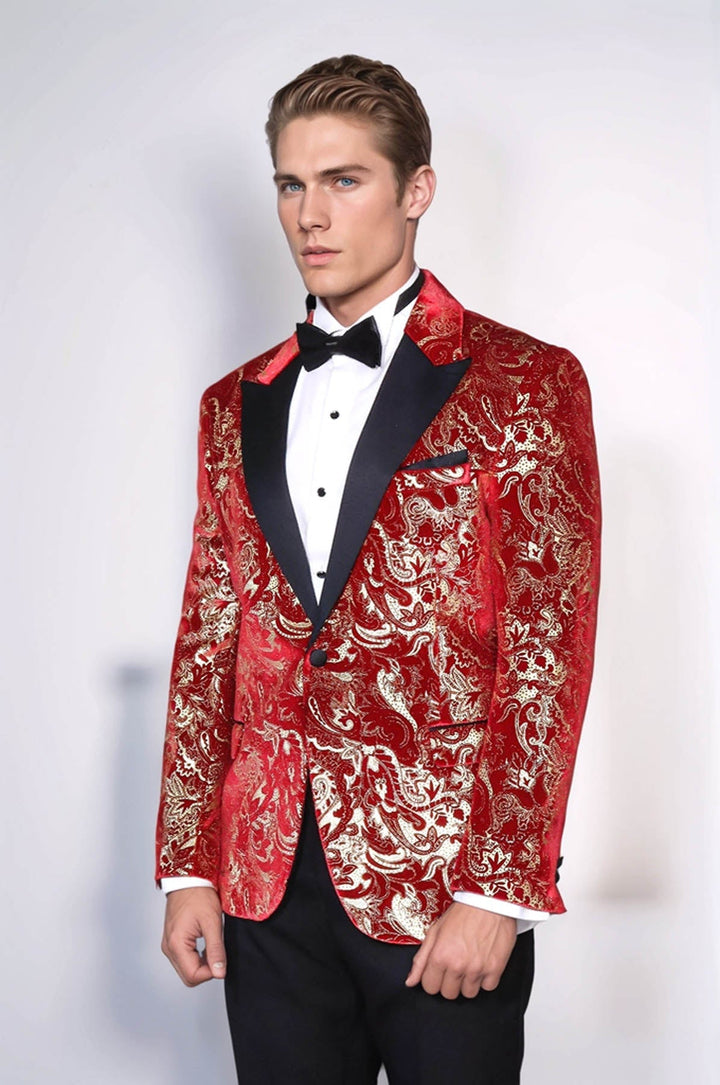 Men’s Red and Gold Patterned Stage Tuxedo Blazer | Wessi
