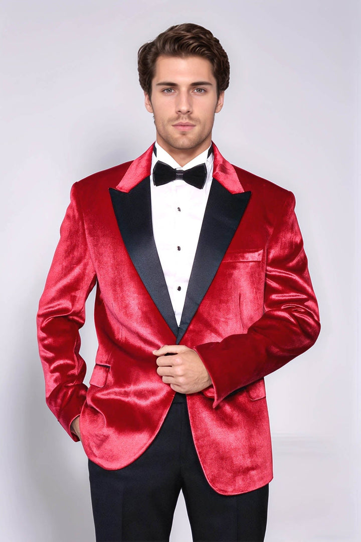 Wessi Men’s Red Velvet Peak-Lapel Wedding Tuxedo Blazer