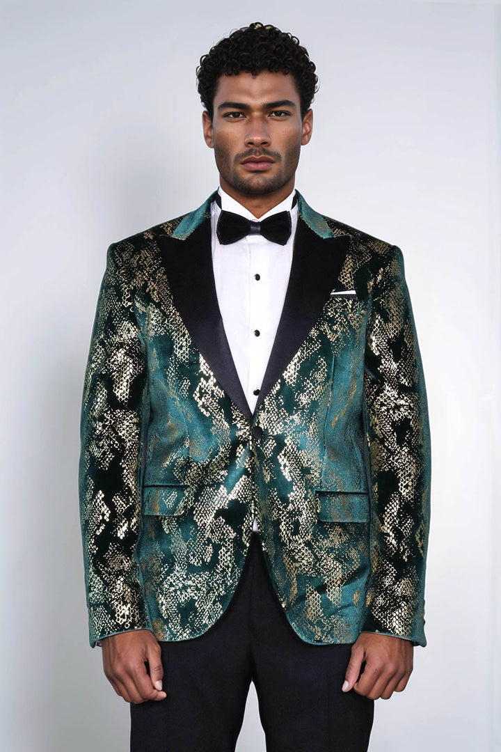 Men’s Gold-Patterned Green Slim-Fit Prom and Party Blazer