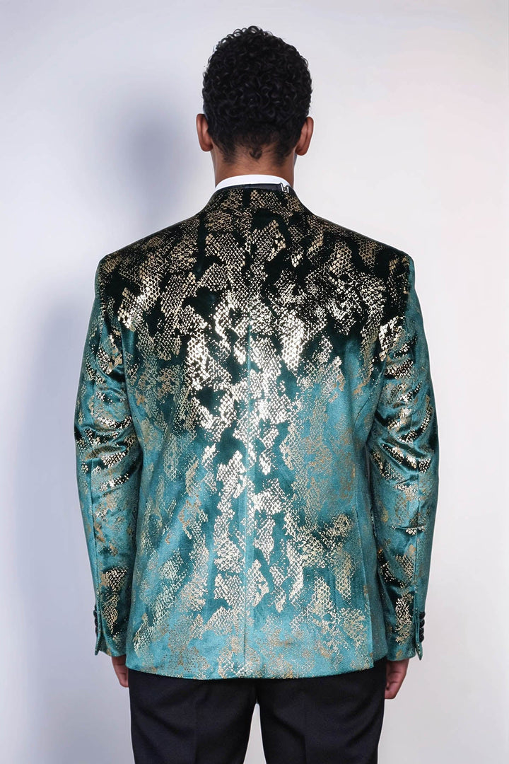 Men’s Gold-Patterned Green Slim-Fit Prom and Party Blazer