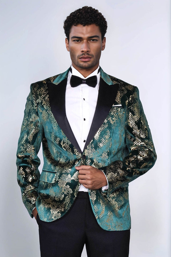 Men’s Gold-Patterned Green Slim-Fit Prom and Party Blazer