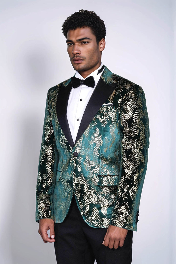 Men’s Gold-Patterned Green Slim-Fit Prom and Party Blazer