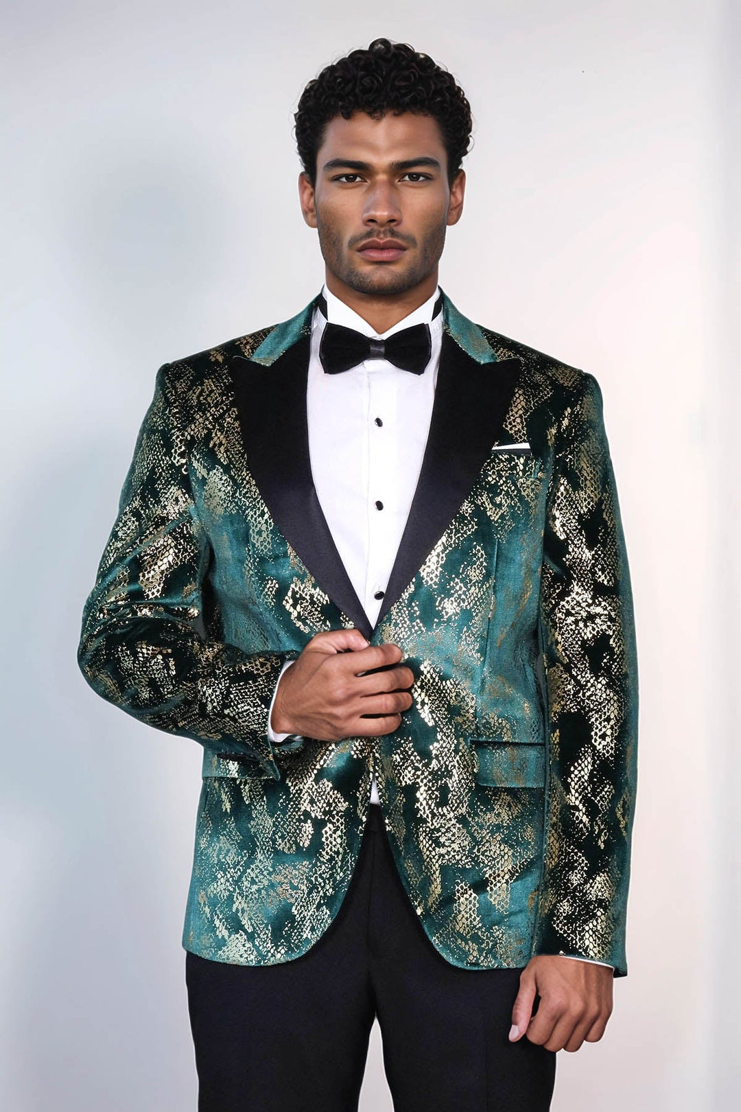 Men’s Gold-Patterned Green Slim-Fit Prom and Party Blazer