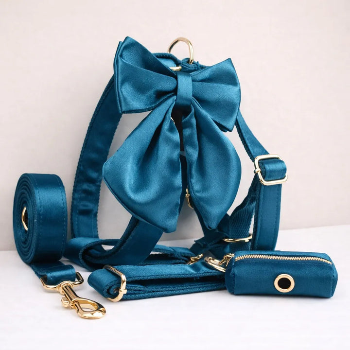 Blue Green Satin Personalized Dog Harness & Leash Set