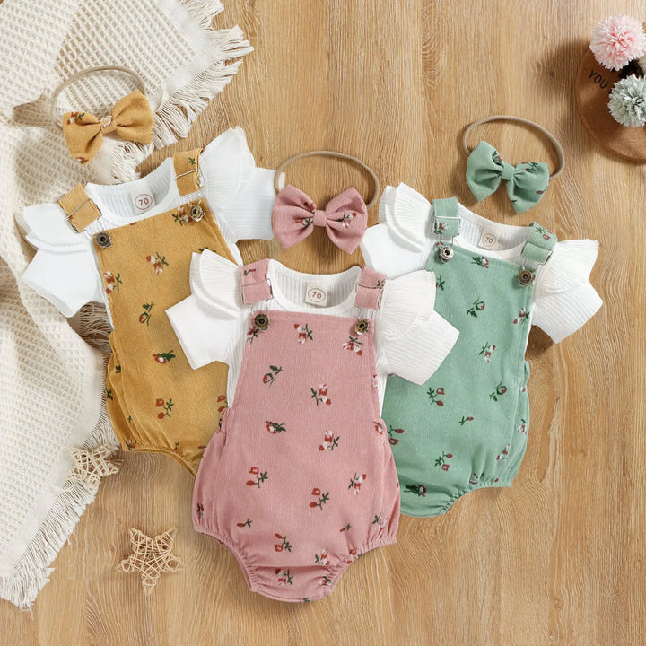 Girls' Floral Corduroy Suspender Pants Set with Matching Headband
