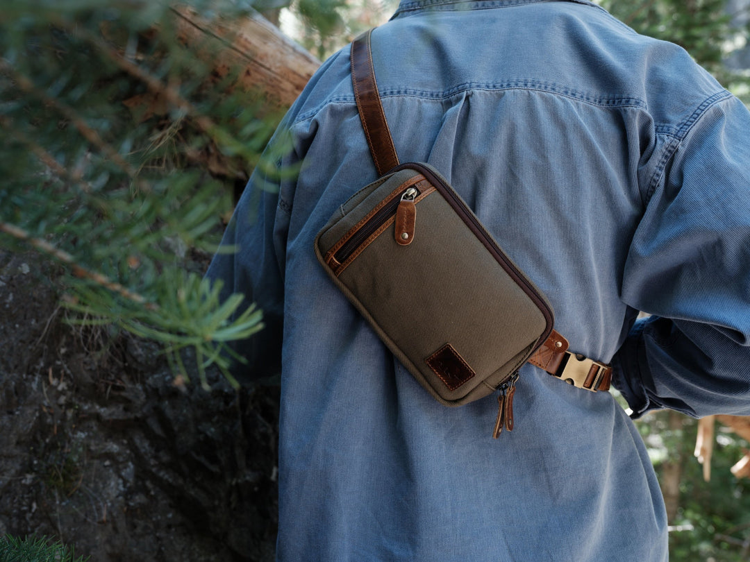 Waxed Canvas Sling Bag | Cedar Leather Crossbody Everyday Bag