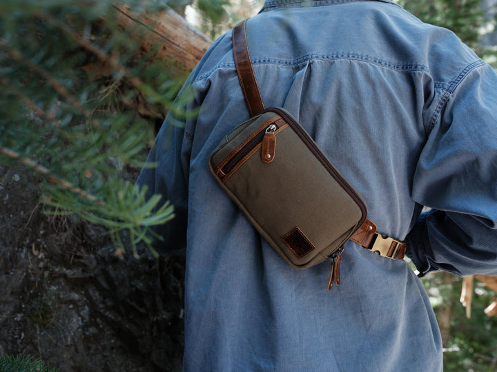 Waxed Canvas Sling Bag | Cedar Leather Crossbody Everyday Bag