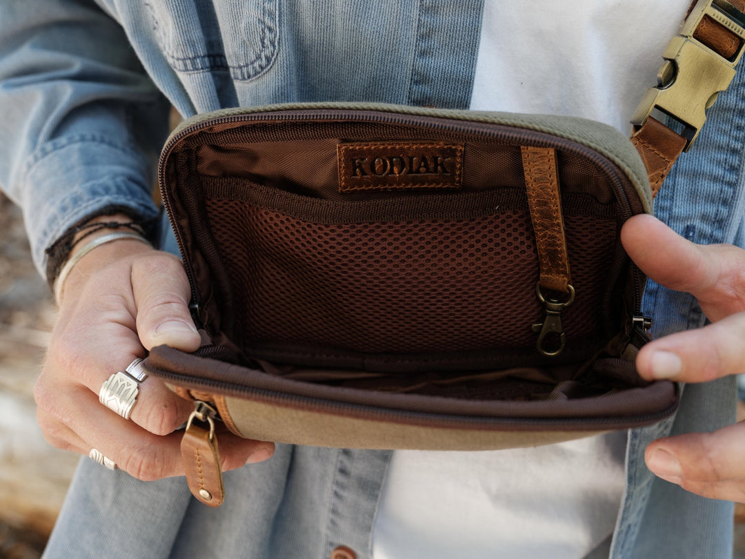 Waxed Canvas Sling Bag | Cedar Leather Crossbody Everyday Bag