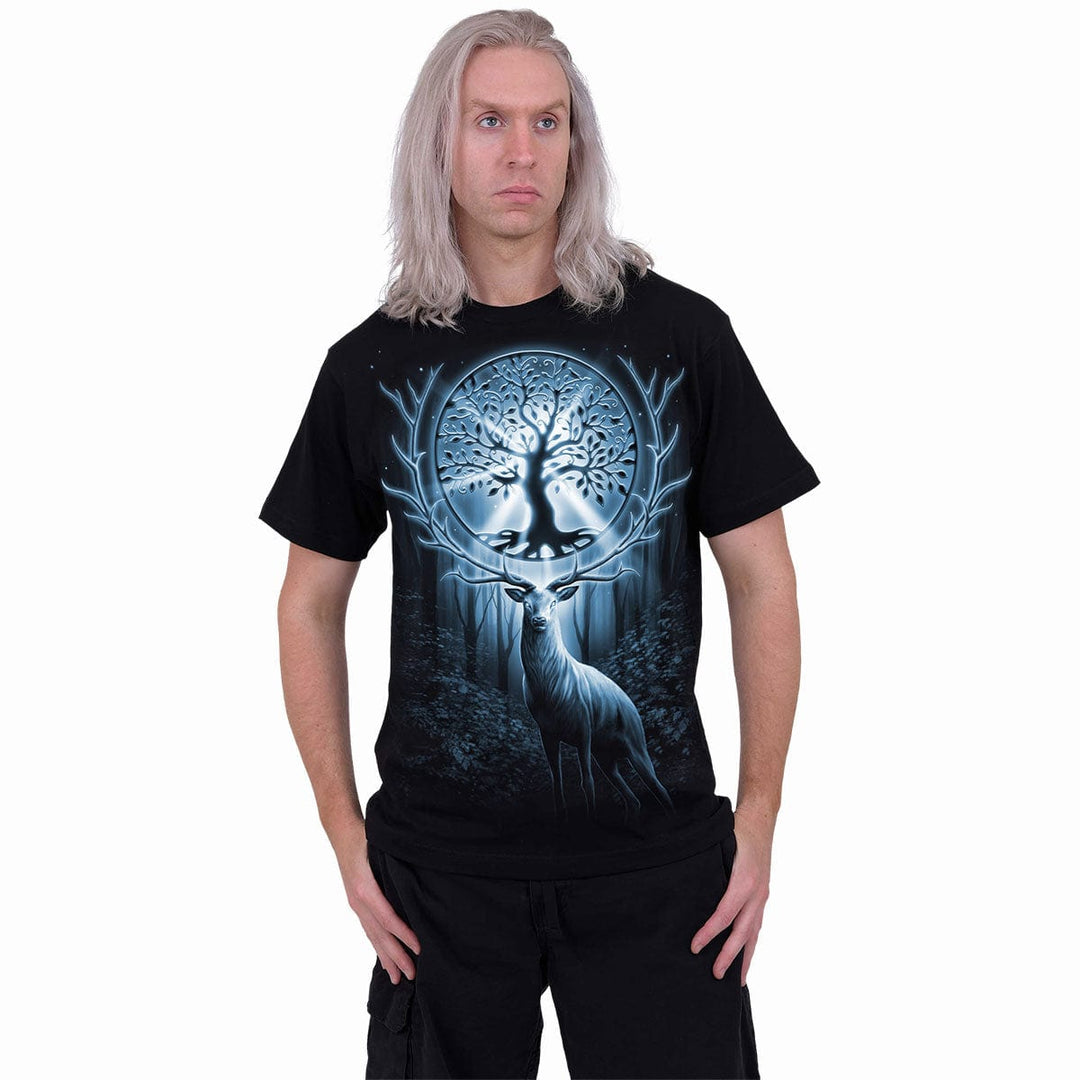 Tree of Life Stag Front Print T-Shirt – Black