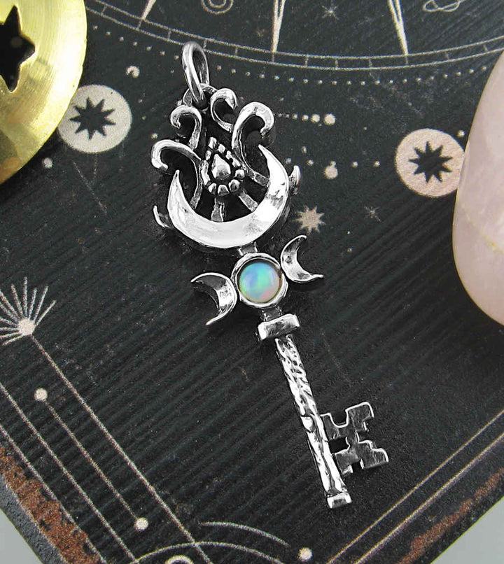 Triple Moon Key Pendant | Handmade Sterling Silver Opal Necklace
